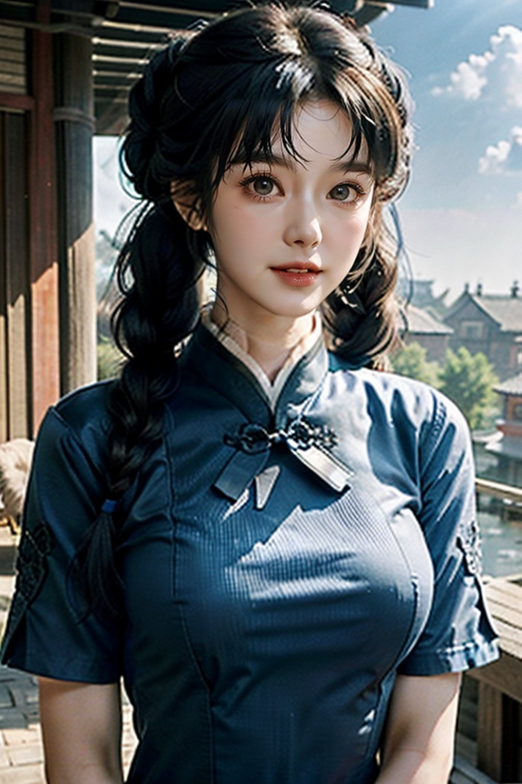 xishijiangnan, big chest, clean face, blue ribbons, big breast, very huge breast, 1girl, upper body, black hair, sky, solo, dress, hair bun, twin braids, blue dress, long hair, smile, leaf, double bun, looking at viewer, chinese clothes, cloud, mountain,beautiful detailed eyes