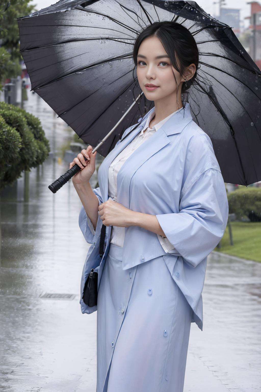 masterpiece, best quality, woman wearing office suit, rain, water drop, hand holding umbrella, <lora:parasol:1>