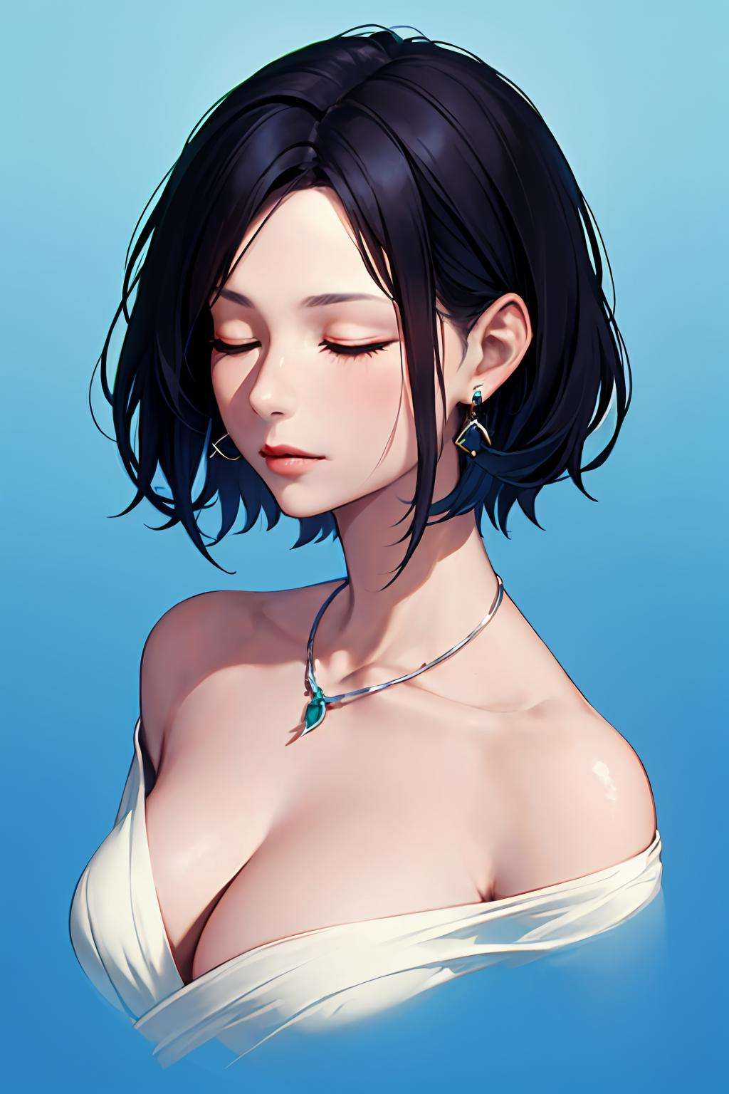 1girl, blue_background, cleavage, closed_eyes, collarbone, earrings, jewelry, nail_polish, necklace, short_hair, simple_background, solo, upper_body