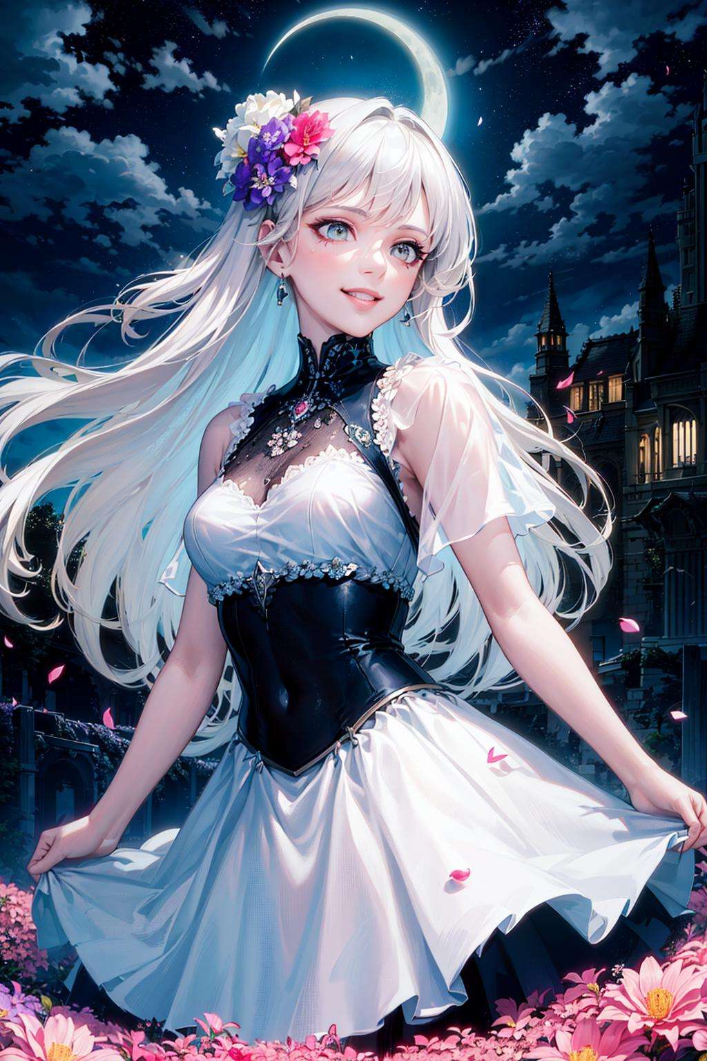 masterpiece, best quality,1girl, (colorful),(finely detailed beautiful eyes and detailed face),cinematic lighting,bust shot,extremely detailed CG unity 8k wallpaper,white hair,solo,smile,intricate skirt,((flying petal)),(Flowery meadow)sky, cloudy_sky, building, moonlight, moon, night, (dark theme:1.3), light, fantasy,