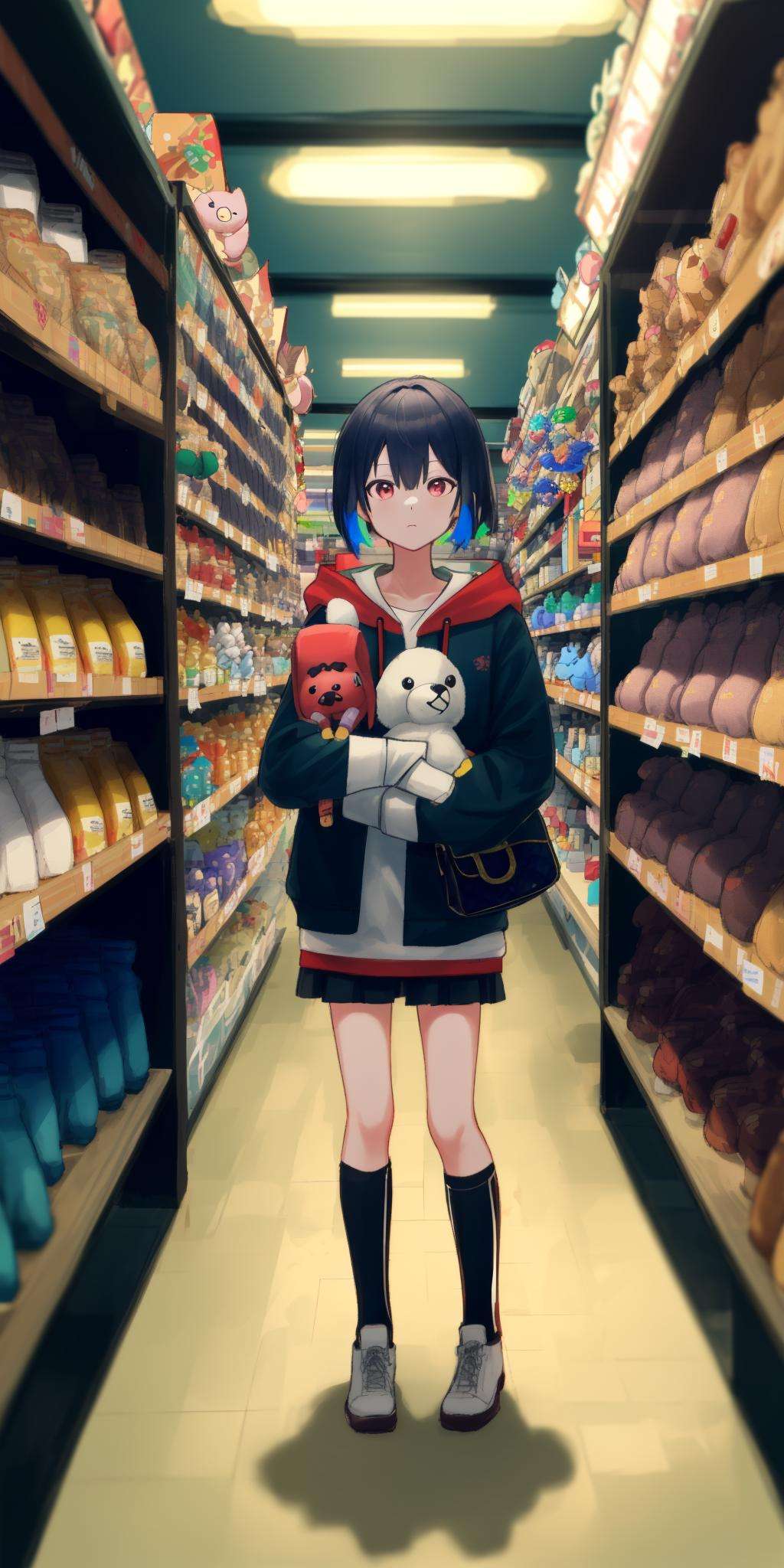 (masterpiece, best quality), colorful, solo, 1girl, standing, in a store, with lots of stuffed animals on the shelves and a bag of stuff, depth of field, fisheye lens