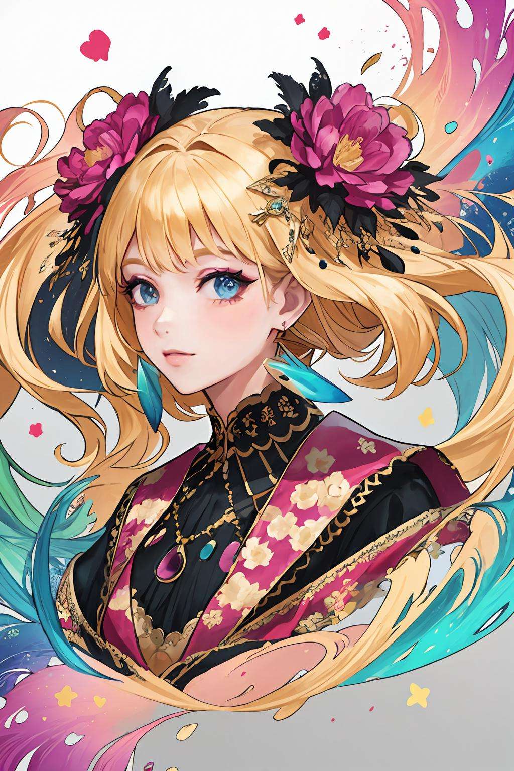 (best quality, masterpiece, official art, beautiful and aesthetic:1.2), 1girl, blonde, (hair ornaments, earrings, flowers hair ornaments), upper body, dynamic pose, looking at viewer, particle, wind, flower, intricate background, extremely detailed, (fractal art:1.2), colorful, (zentangle:1.2), (abstract background:1.5), (many colors:1.4), pixelated fragments, data corruption, colorful noise, visual chaos, contemporary aesthetics,