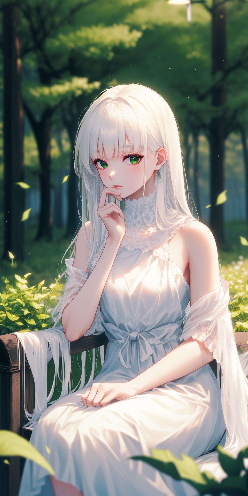 (masterpiece, best quality),1girl with long white hair sitting in a field of green plants and flowers, her hand under her chin, warm lighting, white dress, blurry foreground