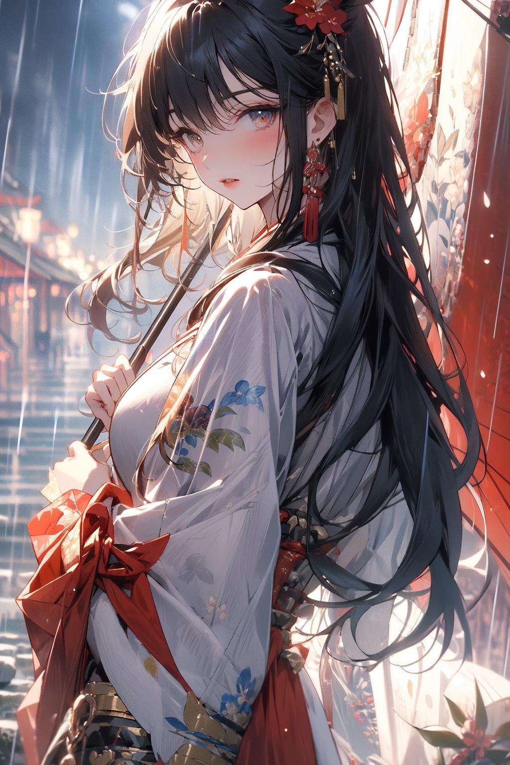 , (masterpiece:1.2), best quality,PIXIV,midjourney portrait,1girl, umbrella, solo, flower, long hair, hair ornament, hair flower, holding umbrella, looking at viewer, rain, holding, outdoors, bangs, japanese clothes, kimono, oil-paper umbrella, black hair, parted lips, long sleeves, upper body, blush, looking back, tassel, chinese clothes, hanfu, wide sleeves, bow, floral print, earrings, white kimono, jewelry, ribbon<lora:midjourney portrait_20230625143136:0.9>
