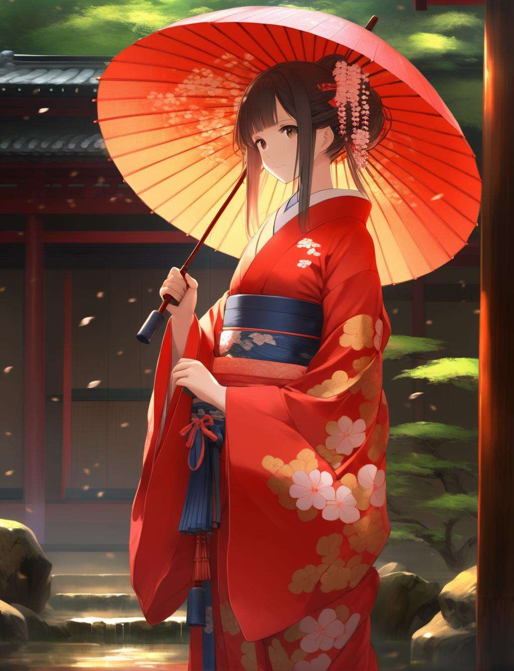 masterpiece, best quality, waifu, anime, 2d, 1girl, wearing kimono, hand holding umbrella, <lora:umbrella-xl-LoRA:0.7>