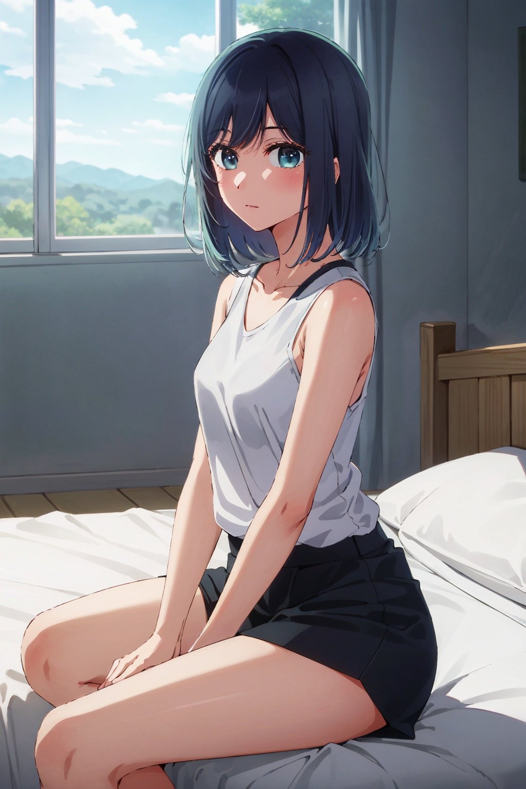 masterpiece, high quality, 8k, beautiful lighting, 1girl, solo, akane, <lora:akane:0.7>,  white shirt, t-shirt, blue short, sleeveless, looking at viewer, sitting, bedroom, 