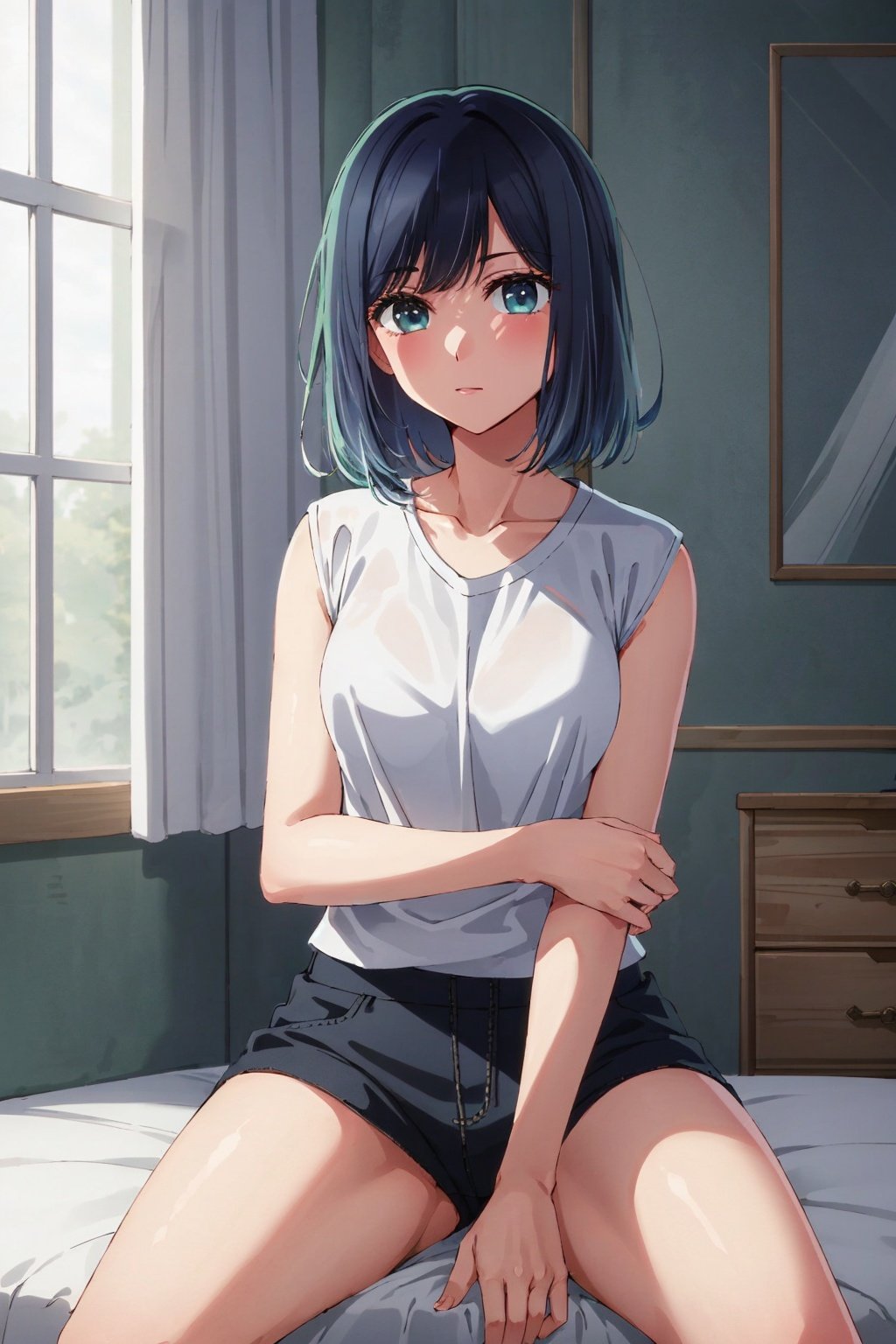 masterpiece, high quality, 8k, beautiful lighting, 1girl, solo, akane, <lora:akane:0.7>,  white shirt, t-shirt, blue short, short, sleeveless, looking at viewer, sitting, bedroom, 