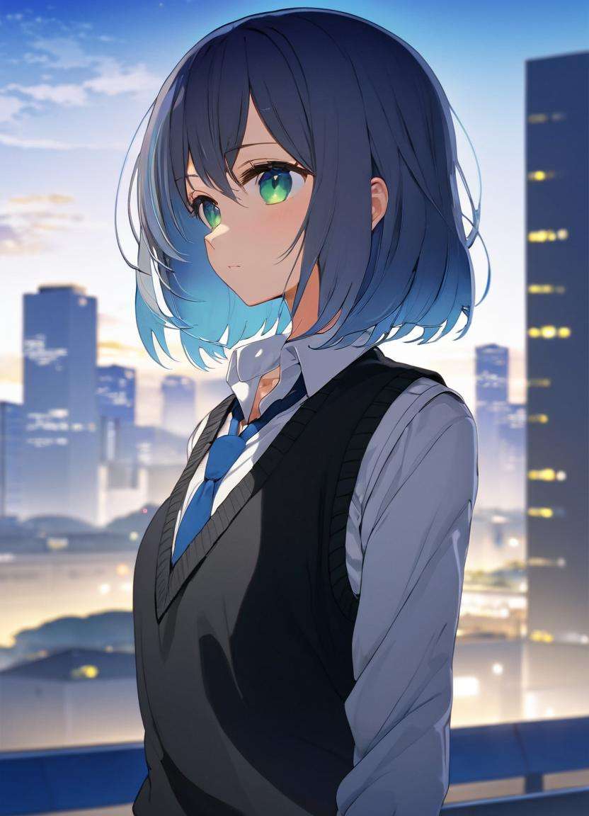 masterpiece, high quality, 8k, beautiful lighting, 1girl, solo, green eyes, medium_hair, profile, gradient hair, white shirt, sweater vest, black vest, blue necktie, grey skirt, outdoors, upper body, looking at viewer, anime, blue hair, city, dynamic angle <lora:akane:0.7>