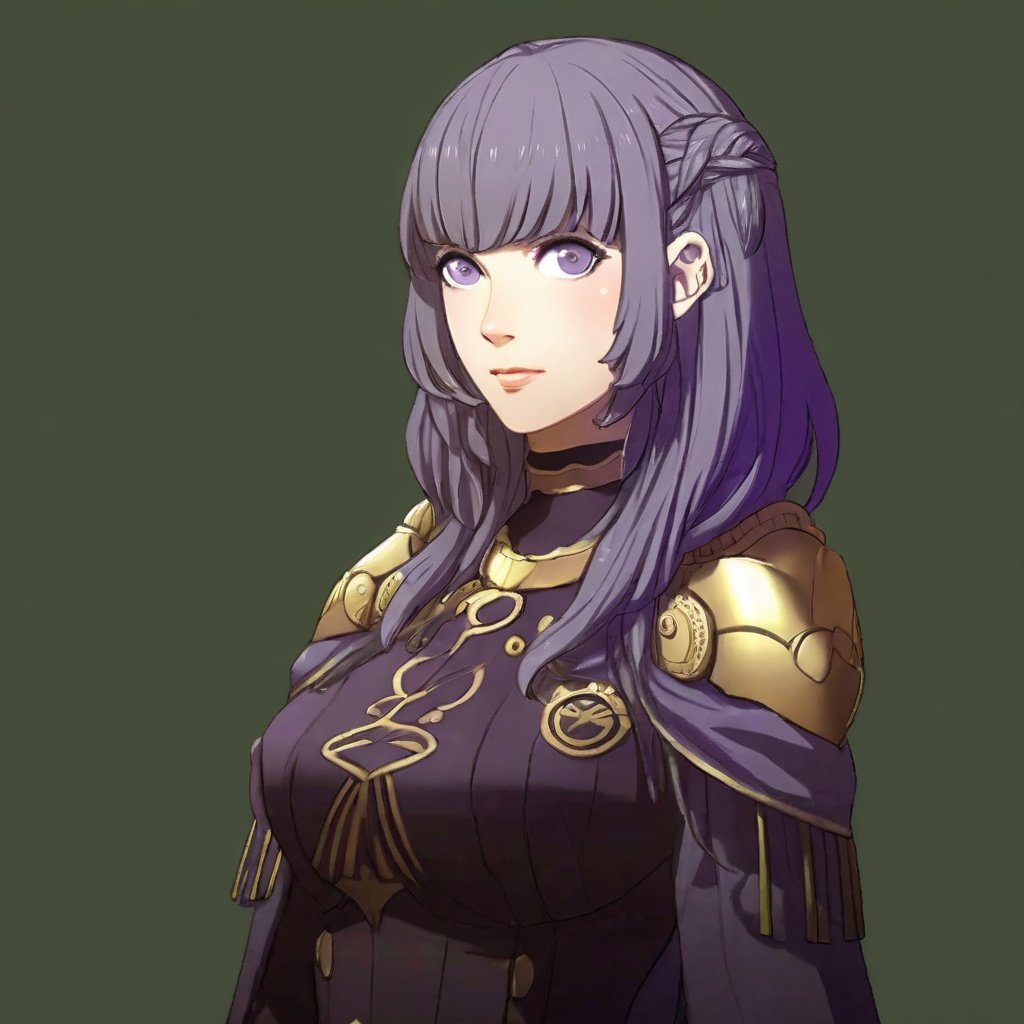 A portrait of a Fire Emblem girl with a simple green background, She has purple straight hair with bangs and gray eyes, embodies sun-kissed tresses and gently curled and exuding a golden radiance the image has character-focused lighting with adaptive light falloff and realistic skin shading including high-quality specular highlights alongside expressive eye shading, cinematic color grading and silhouette enhancement, <lora:FE3H v3 DerSch SDXL v1.1:1>