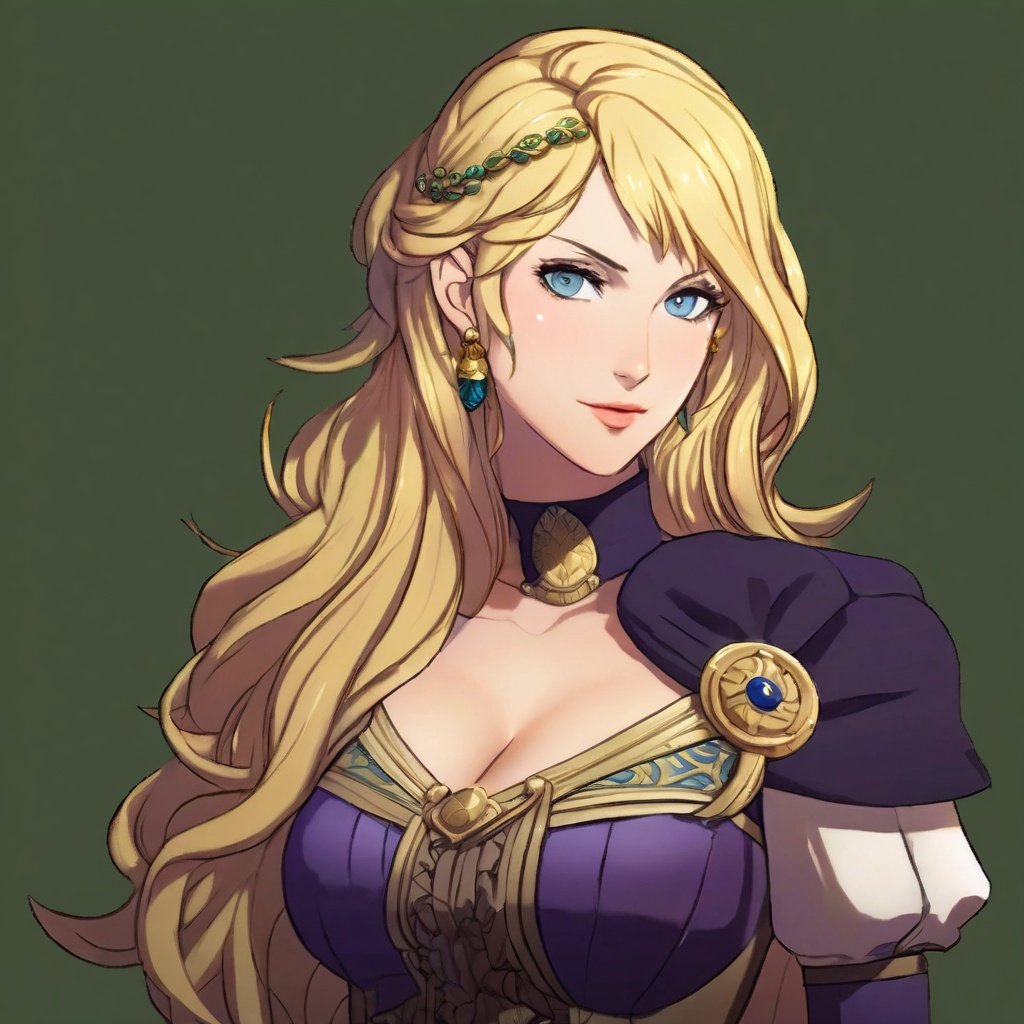 A portrait of a Fire Emblem girl with a simple green background, She is blushing and aged up with blonde and purple straight hair with side swept bangs and blue eyes, she is regal and high class with an exposed cleavage, she embodies sun-kissed tresses and gently curled and exuding a golden radiance the image has character-focused lighting with adaptive light falloff and realistic skin shading, <lora:FE3H v3 DerSch SDXL v1.1:0.7>