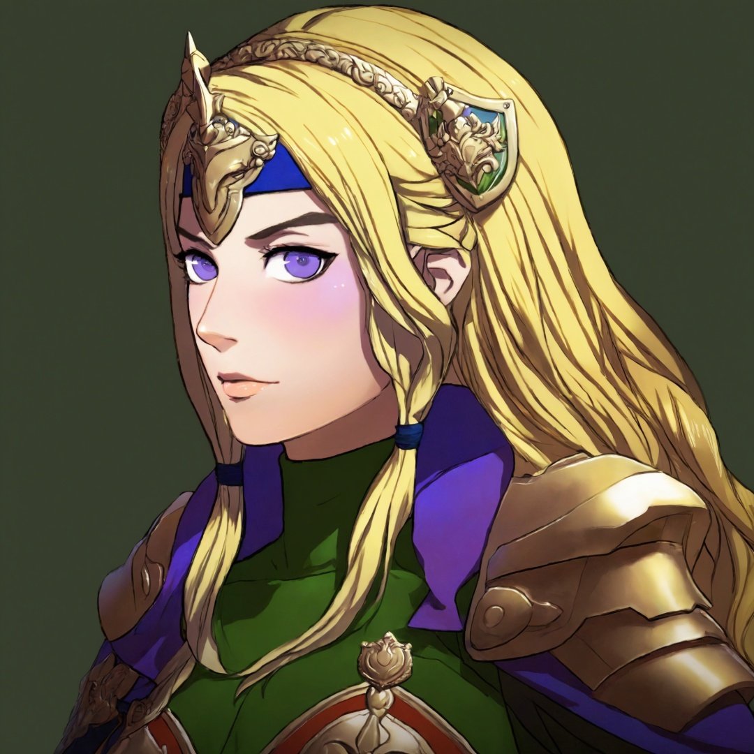 A portrait of a Fire Emblem girl with a simple green background, She is blushing and aged up with blonde and purple straight hair with side swept bangs and blue eyes, she is a warrior princess with an armored dress, she embodies sun-kissed tresses and gently curled and exuding a golden radiance the image has character-focused lighting with adaptive light falloff and realistic skin shading, <lora:FE3H v3 DerSch SDXL v1.1:0.85>