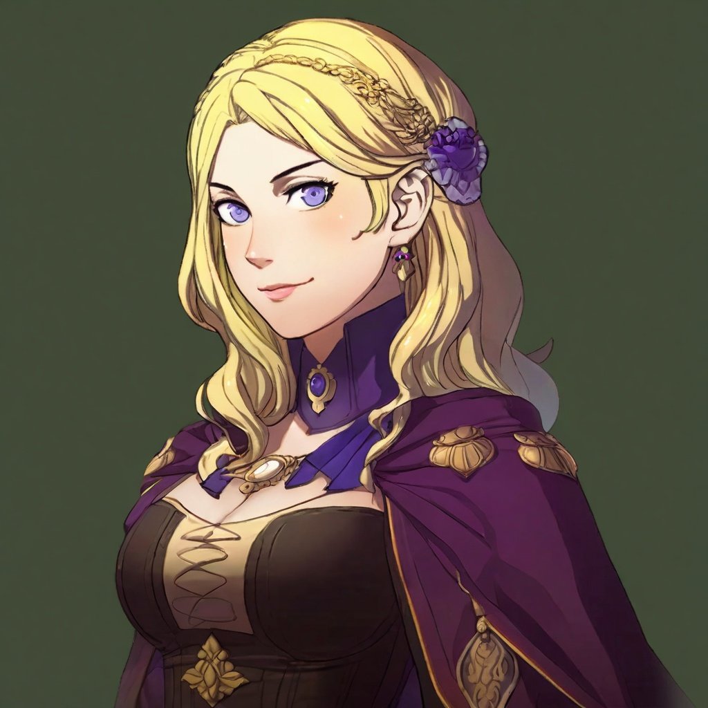 A portrait of a Fire Emblem girl with a simple green background, She is blushing and aged up with blonde and purple straight hair with side swept bangs and blue eyes, she is regal and high class with an exposed cleavage, she embodies sun-kissed tresses and gently curled and exuding a golden radiance the image has character-focused lighting with adaptive light falloff and realistic skin shading, <lora:FE3H v3 DerSch SDXL v1.1:0.85>