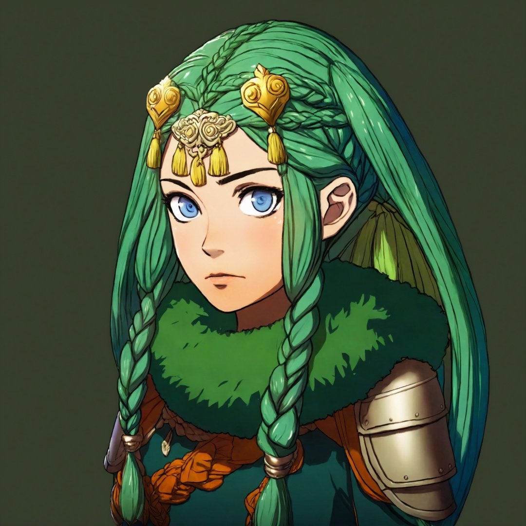 A portrait of a Fire Emblem girl with a simple green background, She is angry and young with green twin tail braided hair with parted bangs and blue eyes, she is a warrior princess with an a fur scarf and cape and an armored dress, she embodies sun-kissed tresses and gently curled and exuding a golden radiance the image has character-focused lighting with adaptive light falloff and realistic skin shading, <lora:FE3H v3 DerSch SDXL v1.1:0.85>