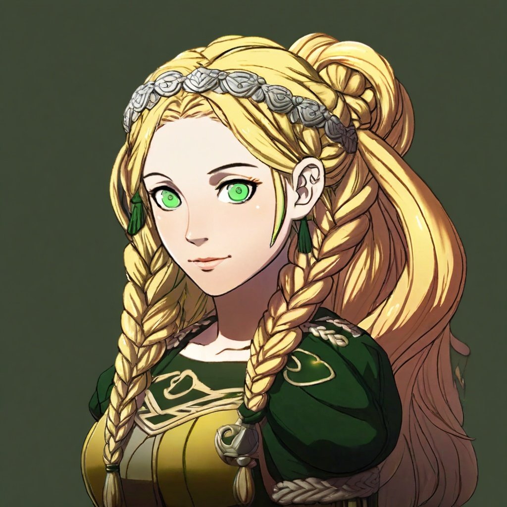 A portrait of a Fire Emblem girl with a simple green background, She has Blonde braided  hair and green eyes, embodies sun-kissed tresses and gently curled and exuding a golden radiance the image has character-focused lighting with adaptive light falloff and realistic skin shading including high-quality specular highlights alongside expressive eye shading, cinematic color grading and silhouette enhancement, <lora:FE3H v3 DerSch SDXL v1.1:1>