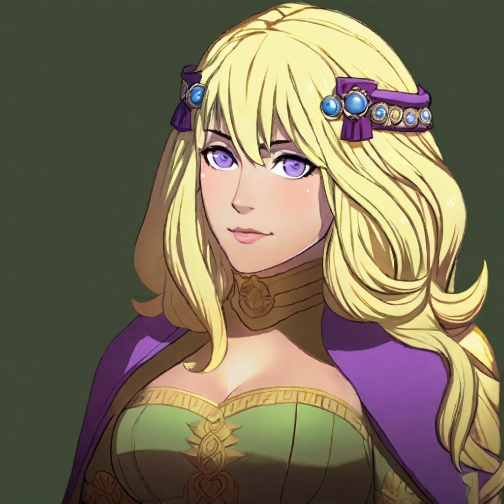 A portrait of a Fire Emblem girl with a simple green background, She is blushing and aged up with blonde and purple straight hair with side swept bangs and blue eyes, she is regal and high class with an exposed cleavage, she embodies sun-kissed tresses and gently curled and exuding a golden radiance the image has character-focused lighting with adaptive light falloff and realistic skin shading, <lora:FE3H v3 DerSch SDXL v1.1:1>