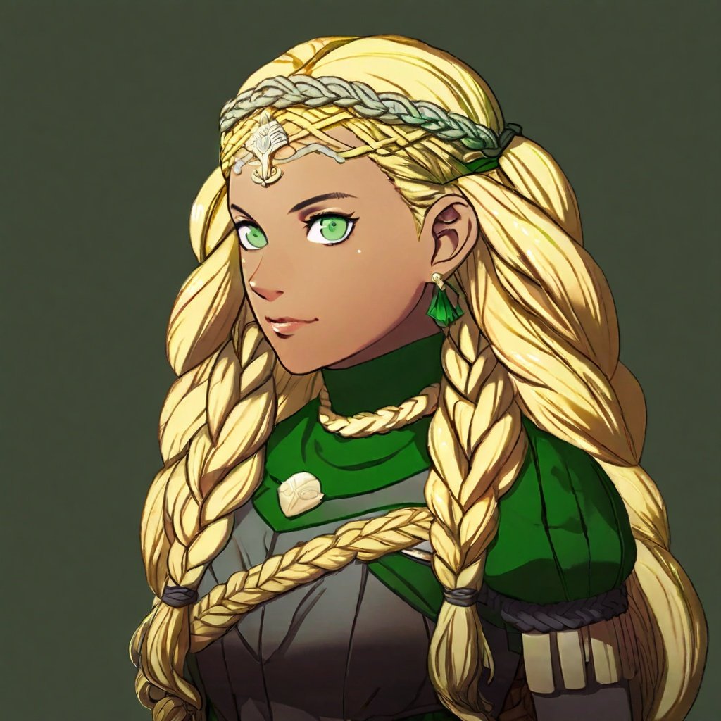 A portrait of a Fire Emblem girl with a simple green background, She has Blonde braided  hair and green eyes, embodies sun-kissed tresses and gently curled and exuding a golden radiance the image has character-focused lighting with adaptive light falloff and realistic skin shading including high-quality specular highlights alongside expressive eye shading, cinematic color grading and silhouette enhancement,  <lora:FE3H v3 DerSch SDXL v1.1:1>