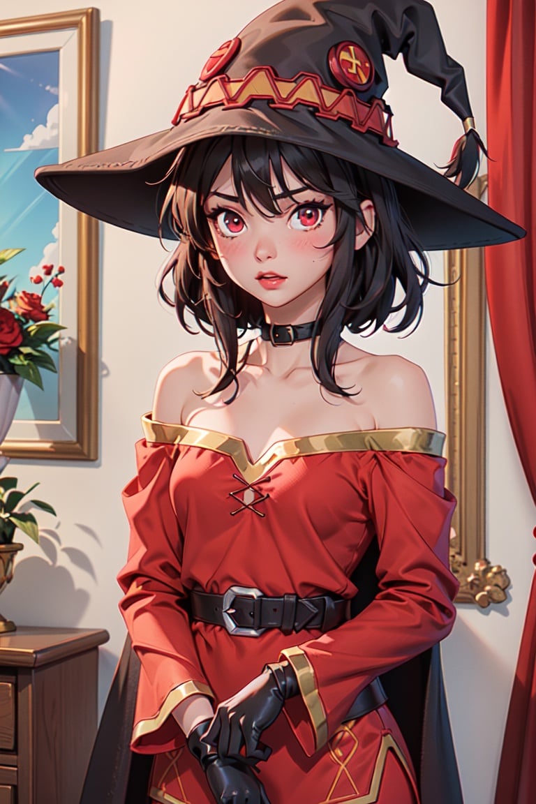 megumin, 1girl, bare shoulders, black cape, black gloves, black hair, blush, cape, choker, collarbone, dress, hair between eyes, hat, long sleeves, looking at viewer, medium hair, off-shoulder dress, off shoulder, red dress, red eyes, sidelocks, solo, witch hat, indoors