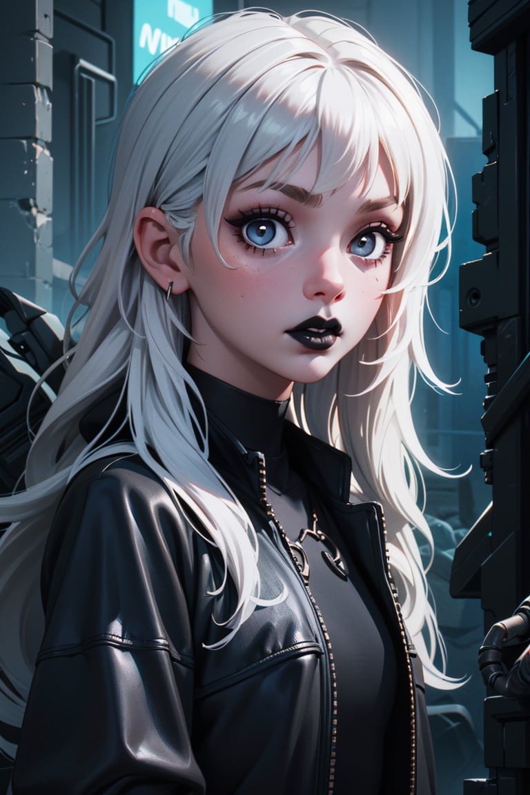 Pretty gothic girl, long white hair, black lips, ((Dystopian whimsy style))