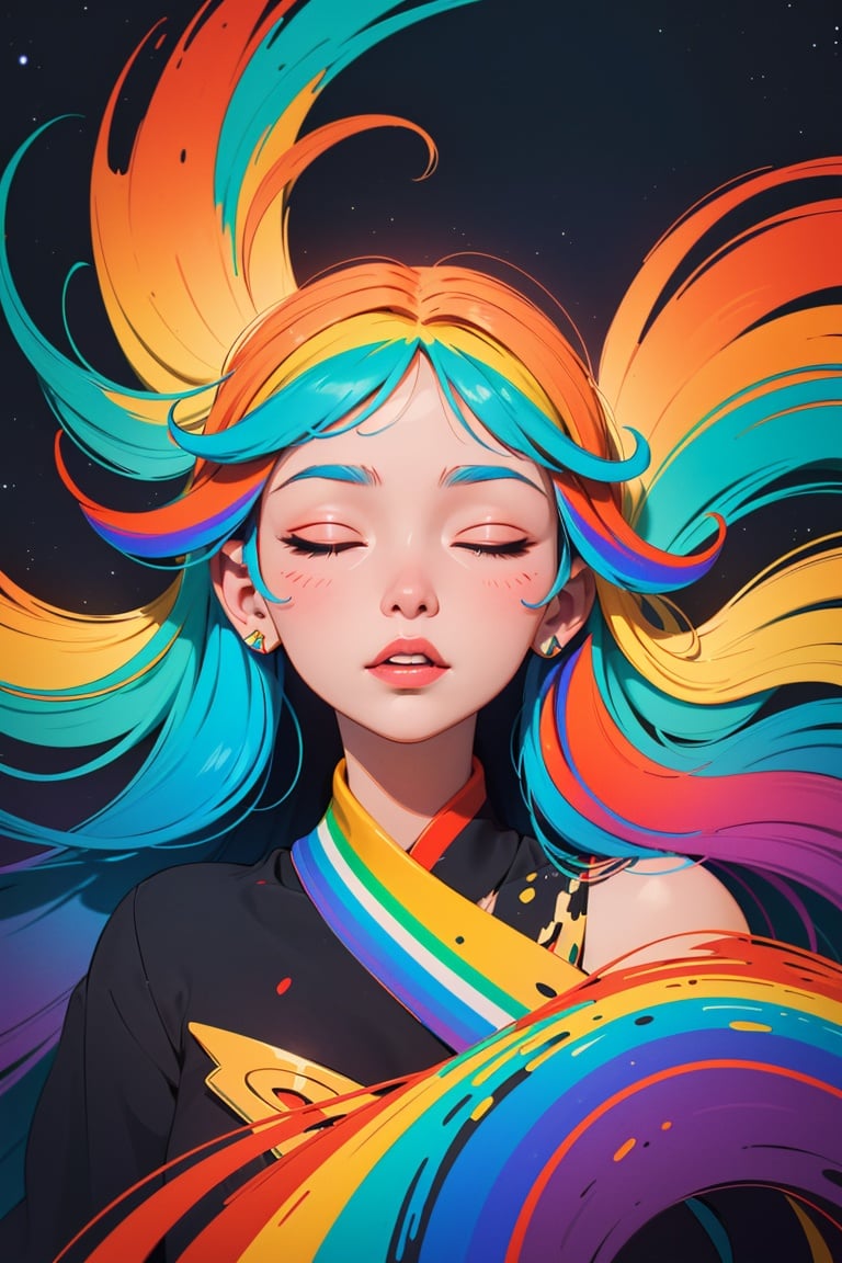 Galatic girl, (/colored  raimbow long hair/:1.3), closed eyes, ((abstract Vexlor style:1.3))