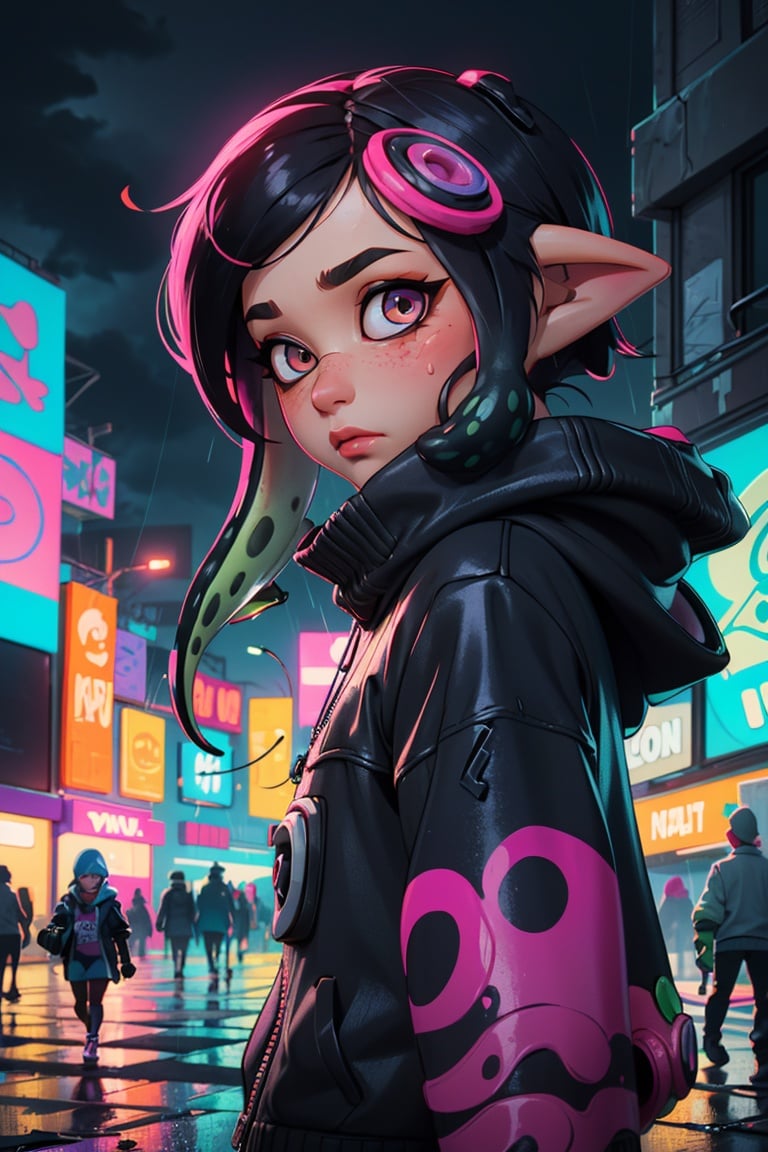 masterpiece, best quality, girl, cute ayes multi colors, ((splatoon)), (cyberpunk city background), neon lights, (raining), wet, water, sad, sfw, oversized black sweater, purple design on sweater, long hair, tentacle hair