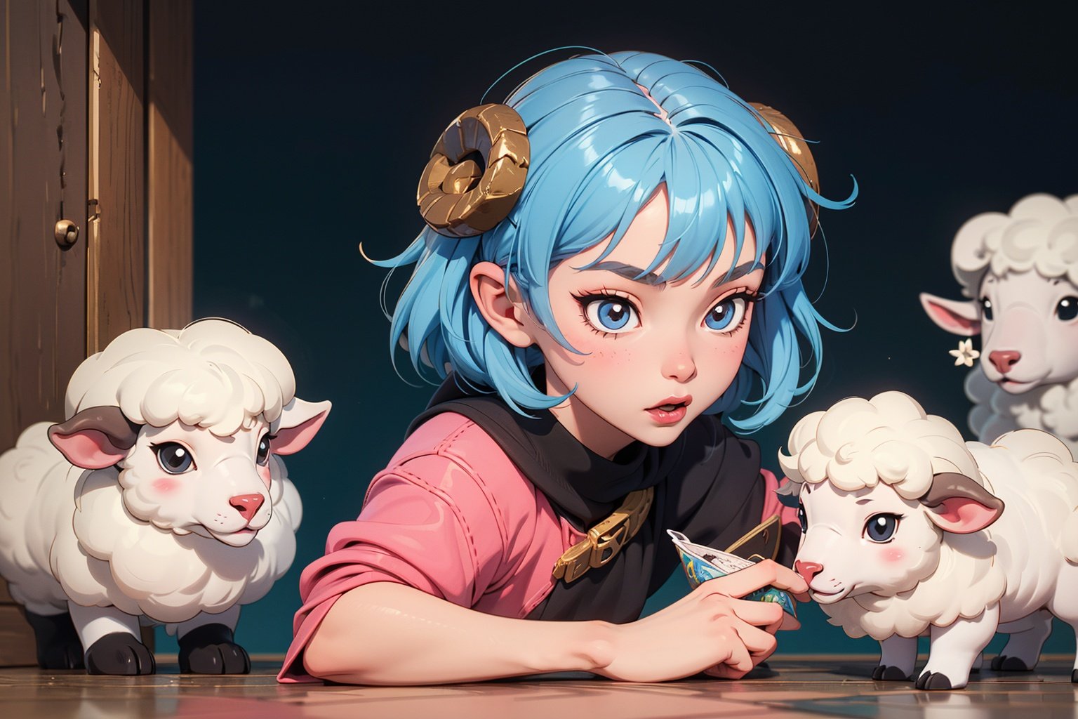 (Vexlor style:1.3)girl young Diseal comic style, pet animal sheep