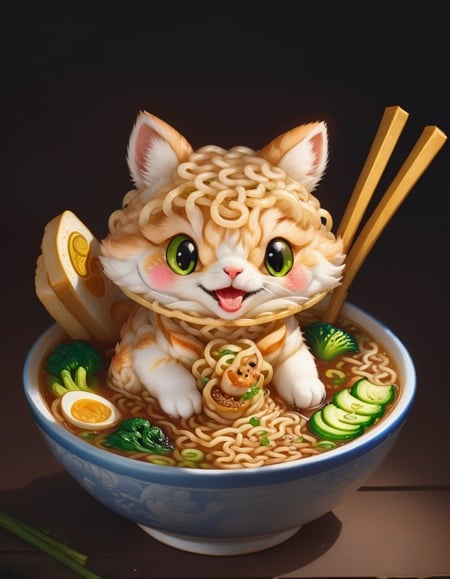 very cute appealing anthropomorphic kitty ramen noodle, kawaii, looking at the viewer, macro, cinematic lighting, fantasy art, dynamic composition, epic realistic, award winning illustration  <lora:FoodPets:1> Foodpets   