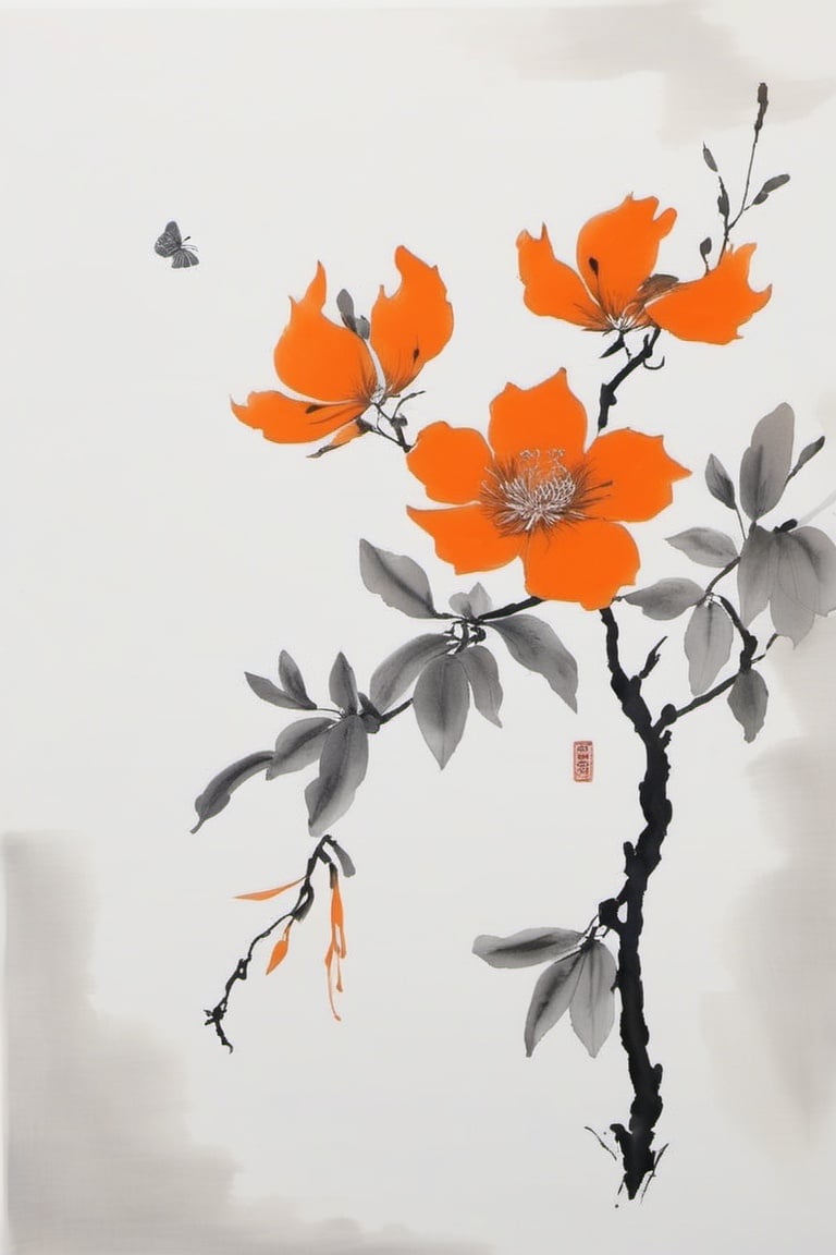 chinese ink drawing, no humans, flower, still life, orange flower, tree, grey background, simple background, branch<lora:chinese_ink_drawing_xl:1> 