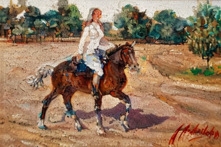 woman riding a horse on a sand road crossing a field, grass and trees on background, sunny, in the style of arrebola, arreLora