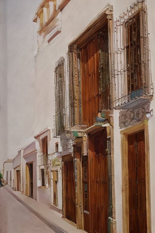 empty street, building facade with huge wooden door, grey and red bricks, very detailed ornated door, plan pots on balconies, fenced windows, in the style of arrebola, sunny