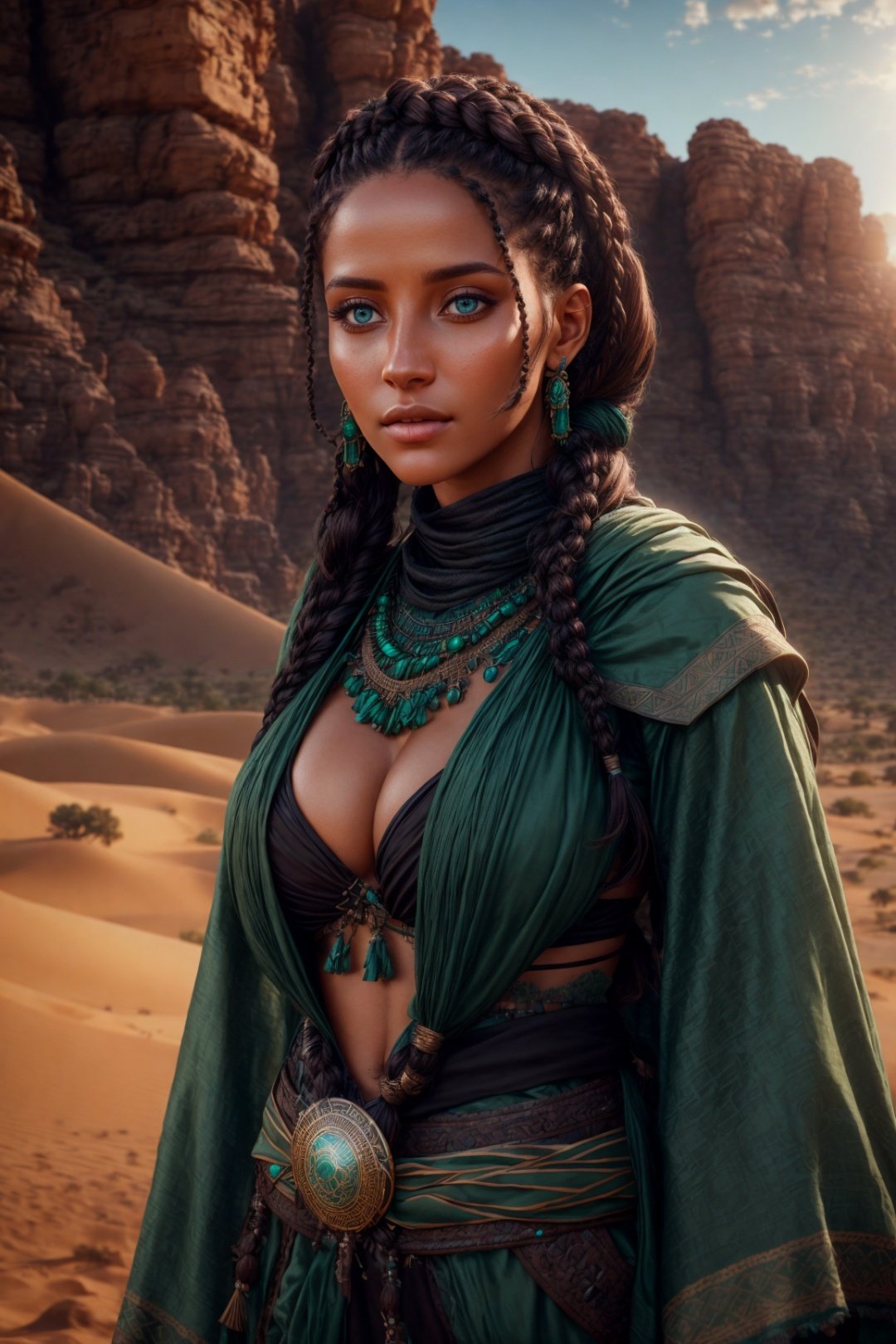 Portrait of a beautiful nomadic wanderer, 8k, octane render, maya 4k, beautiful lighting, Arabian desert background, sunlight, high quality, highly detailed, black braided hair, beautiful green-blue eyes, medium breasts