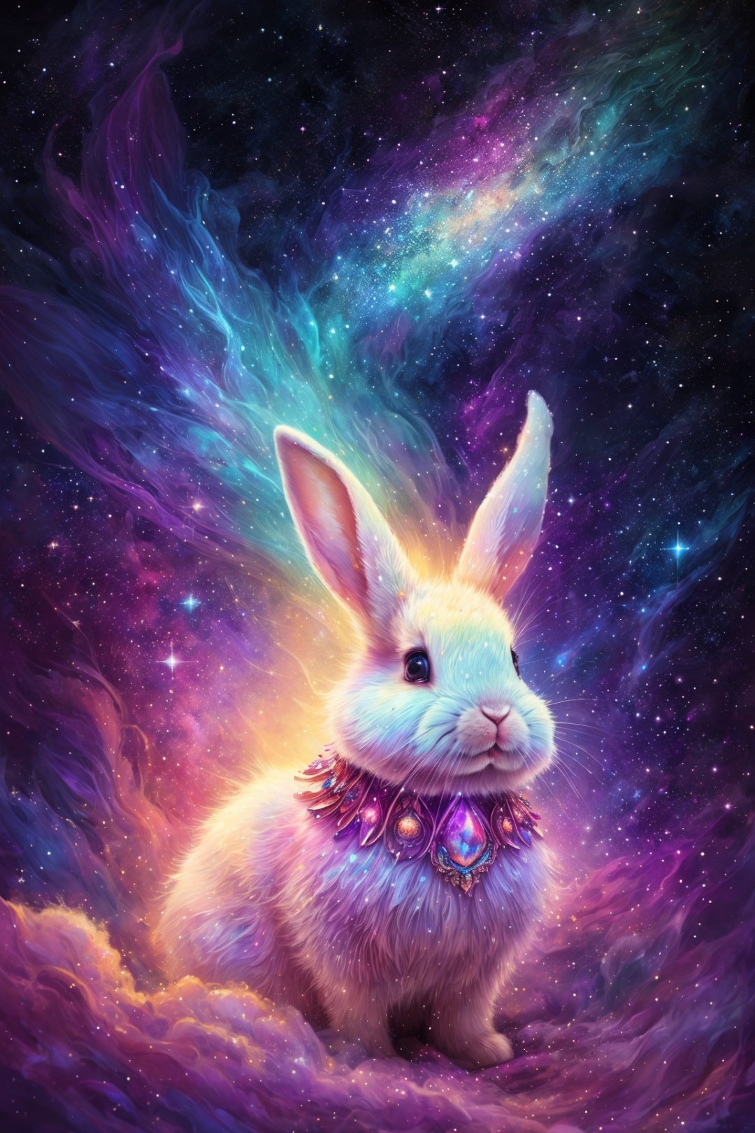 splash art of an up close portrait of a nebulae bunny floating in sparkling space clouds, wearing a jeweled collar, made of glitter space dust, 8k, high quality, fantasy, digital illustration, beautiful lighting, concept art, 