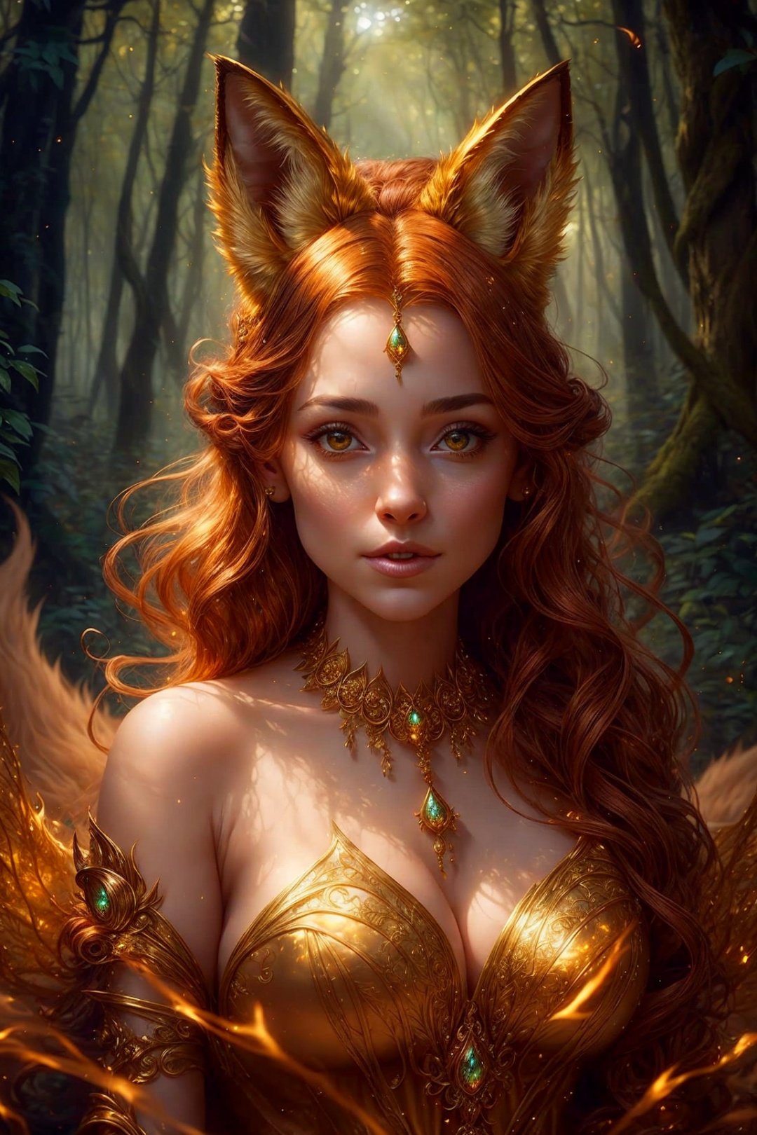 Portrait of a girl with fox ears wearing a golden gossamer twinkling gown, up close, 8k, high quality, golden sparkling lighting, hair in a messy bun, beautiful dark fantasy forest background, DarkFantasy