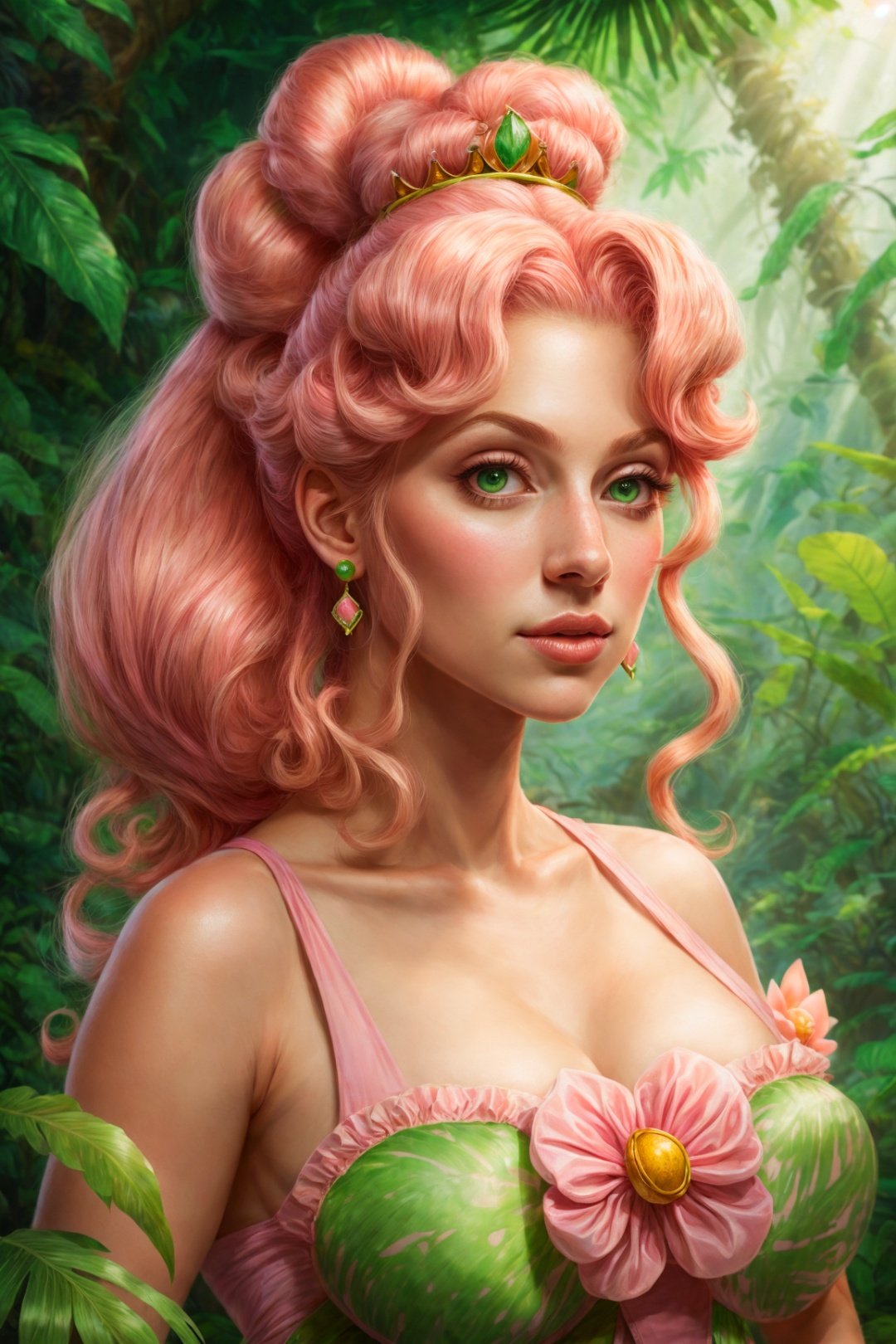 Portrait concept art of Princess Peach wearing a pink jungle explorer outfit, 8k, beautiful lighting, green tinted lighting, sunlight, high quality, highly detailed, hair in a high ponytail