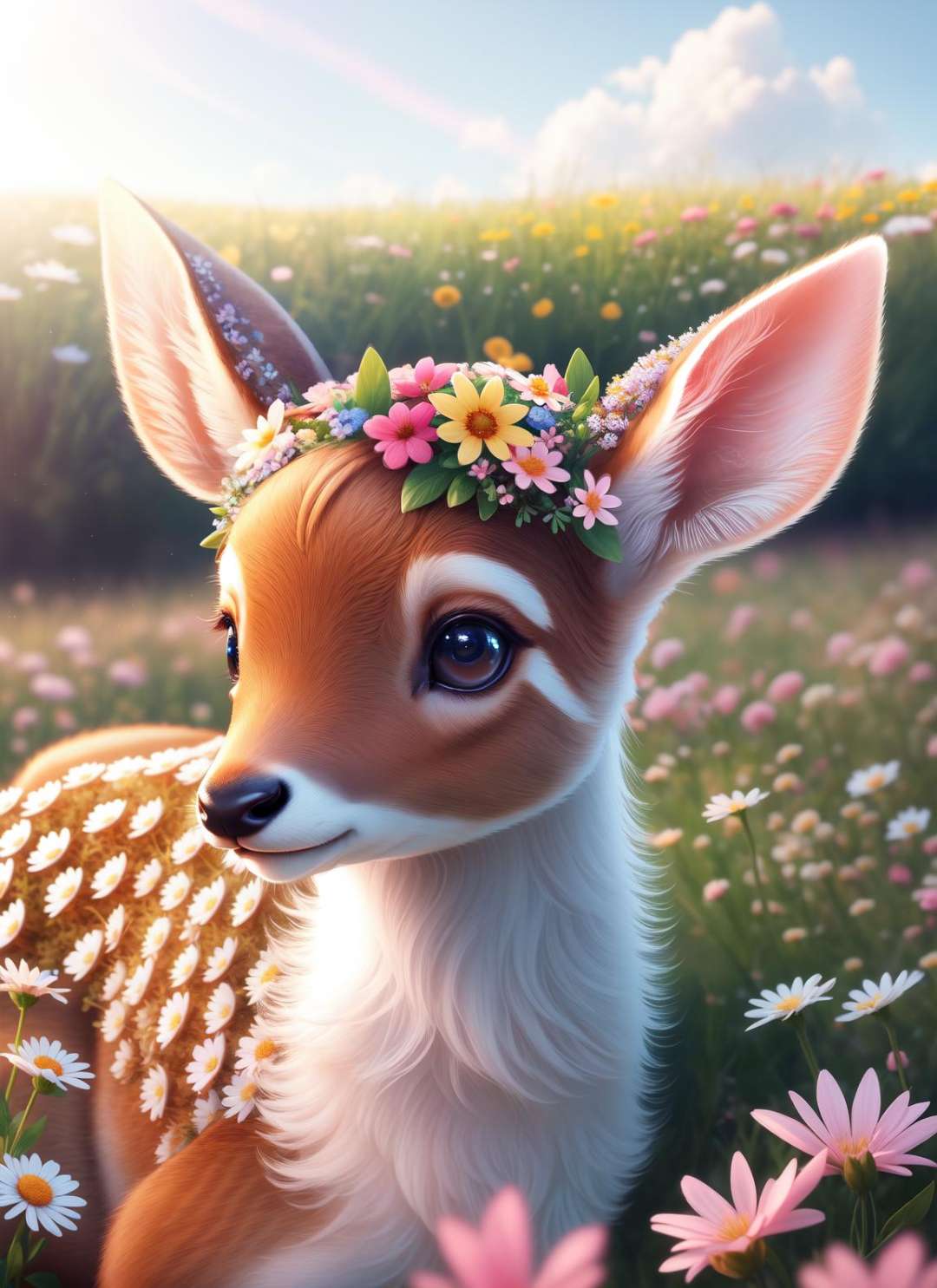 a drawing of a cute little baby deer surrounded by beautiful flowers in a meadow, 8k resolution concept art( intricate details:1.2), beautiful eyes, sunlight, (high quality:1.2), trending on artstation, 8k, absurdres, chibi, extremely detailed fur,(close up:1.1)