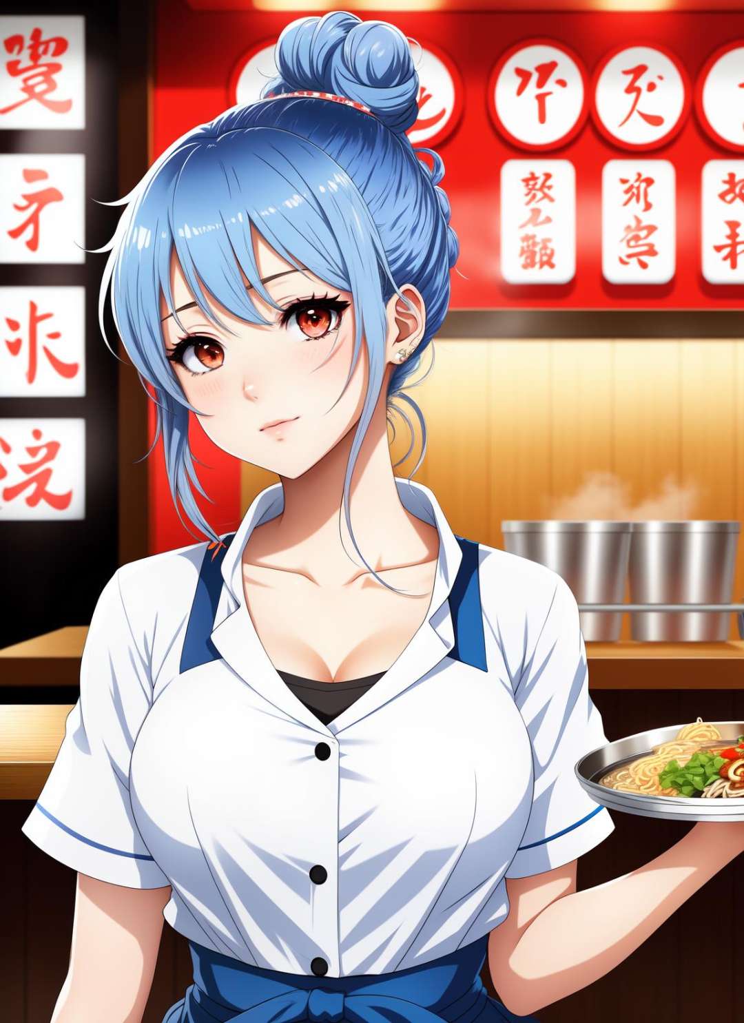 Anime style , waitress, holding a tray above her head, from behind, looking at viewer over her shoulder, ramen noodle shop, blue messy hair bun, 8k, (high quality:1.1), (highly detailed:1.1), (absurdres:1.1), 