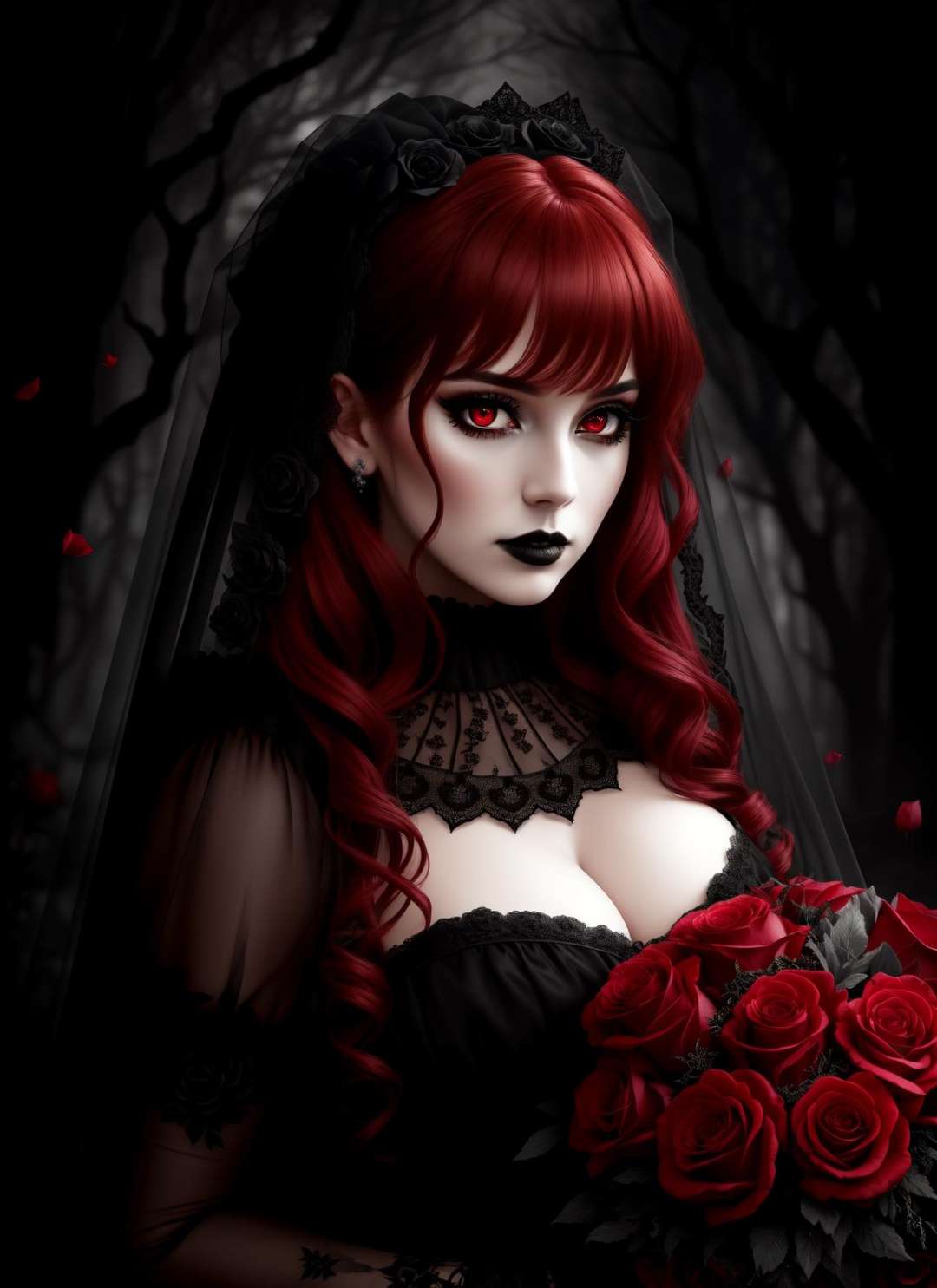 deep shadow, (darkness:1.1), award winning photo, extremely detailed, (high quality:1.2), fine detail, absurdres, (highly detailed beautiful gothic vampire bride:1.1), (bride:1.2), lace wedding veil, (dark:1.1), up close full body, cleavage, from above, (extremely detailed eyes:1.2) face, (piercing red eyes:1.1), detailed clothes, curly red black hair, bangs, frills, decorative black wedding dress with red roses bouquet, by lee jeffries nikon d850 film stock photograph 4 kodak portra 400 camera f1.6 lens rich colors hyper realistic lifelike texture dramatic lighting unrealengine trending on artstation cinestill 800 tungsten, spooky fantasy dark forest background 