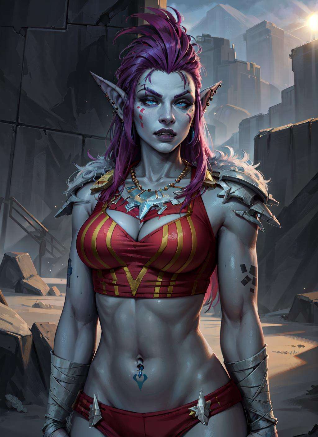 1girl, cowboy shot of beautiful shewowtroll, fangs, facepaint, lip piercing, glowing blue eyes, blue skin, tattoo, jewelry, aztec heavy armor with runes and glyphs, crop top, bandages, feathers, fur trim, multicolored hair, purple mohawk, desert, sunlight, volumetric lighting, best quality, masterpiece, realistic <lora:sxz-trolls-2:0.7>