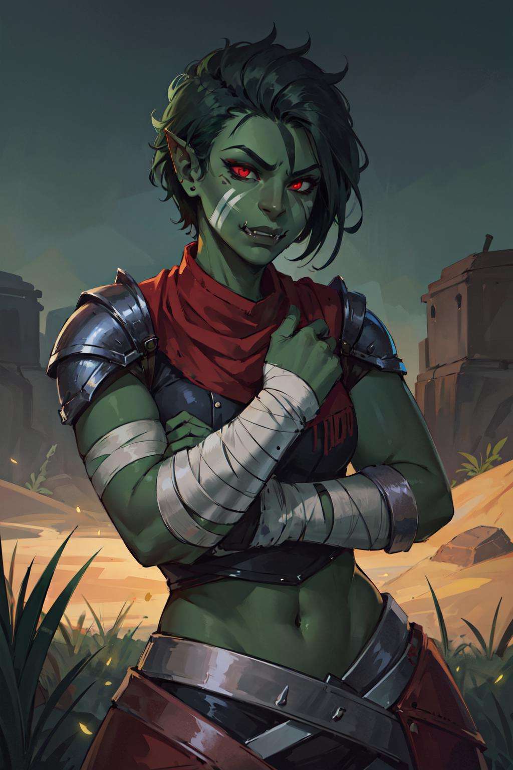 1girl, beautiful shewoworc, fangs out, tusks, black skin, dark-skinned female, facepaint, white armor, bandages, pauldrons, short dark green hair, glowing red eyes, desert, night, grass, volumetric lighting, best quality, masterpiece <lora:sxz-orcs:0.7>