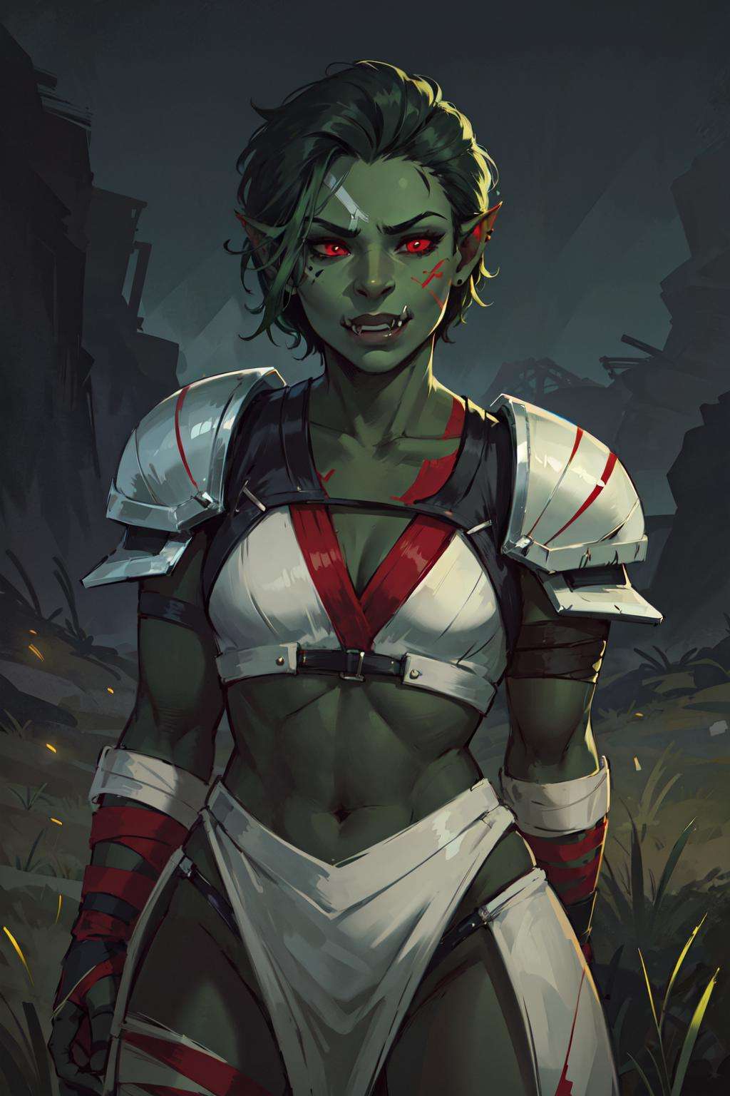 1girl, beautiful shewoworc, fangs out, tusks, black skin, dark-skinned female, facepaint, white armor, bandages, pauldrons, short dark green hair, glowing red eyes, desert, night, grass, volumetric lighting, best quality, masterpiece <lora:sxz-orcs:0.7>