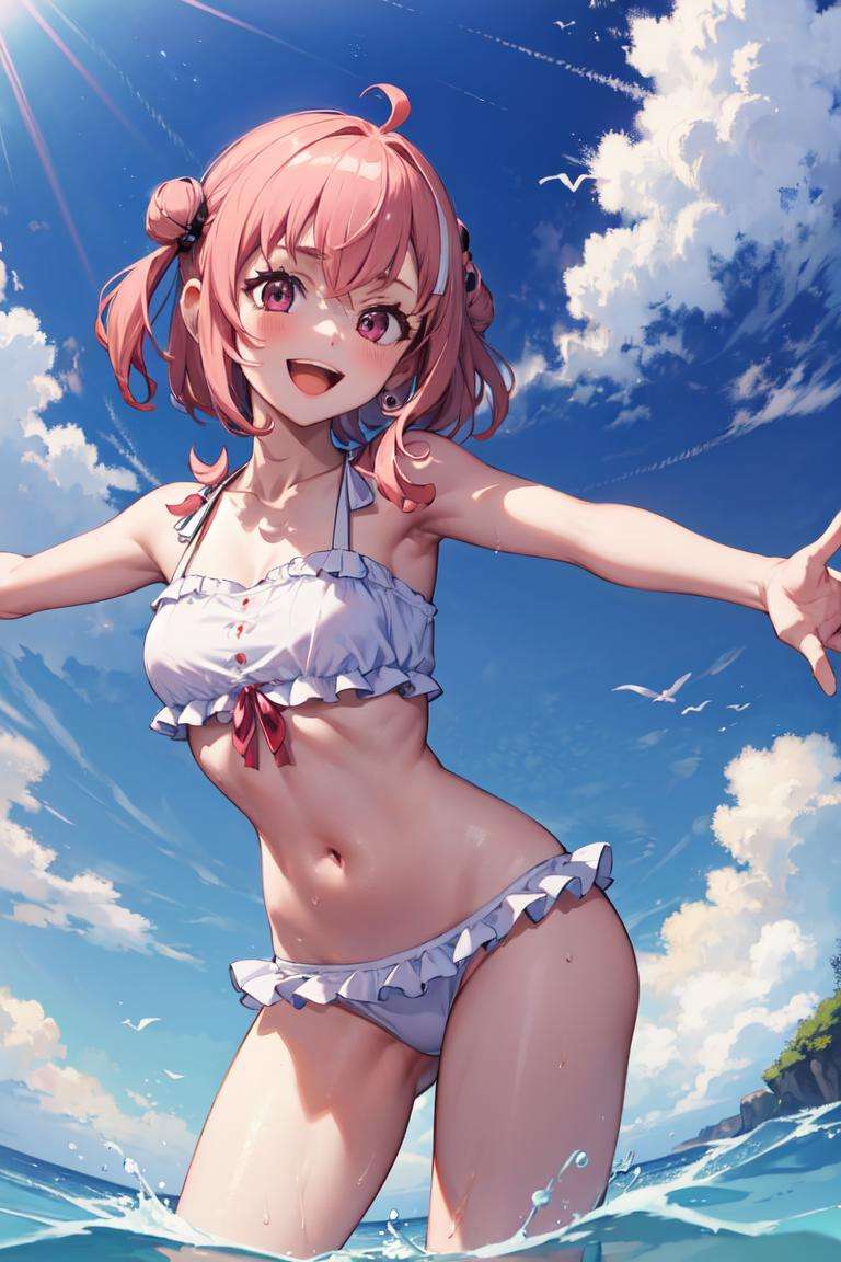 masterpiece, best quality, absurdres, perfect anatomy, 1girl, solo, SasakiSaku, water, smile, :d, spread arms, frilled bikini, cute, cute bikini, standing, <lora:SasakiSaku:0.8>