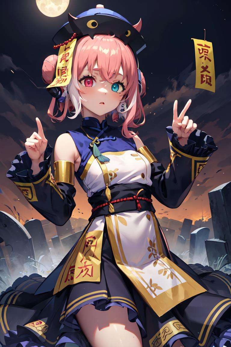 masterpiece, best quality, absurdres, perfect anatomy, 1girl, solo, SasakiJiangshi, heterochromia, chinese clothes, jiangshi, hat, ofuda, detached sleeves, sleeves past fingers, frills, outdoors, graveyard, night, dark, <lora:SasakiSaku:0.8>