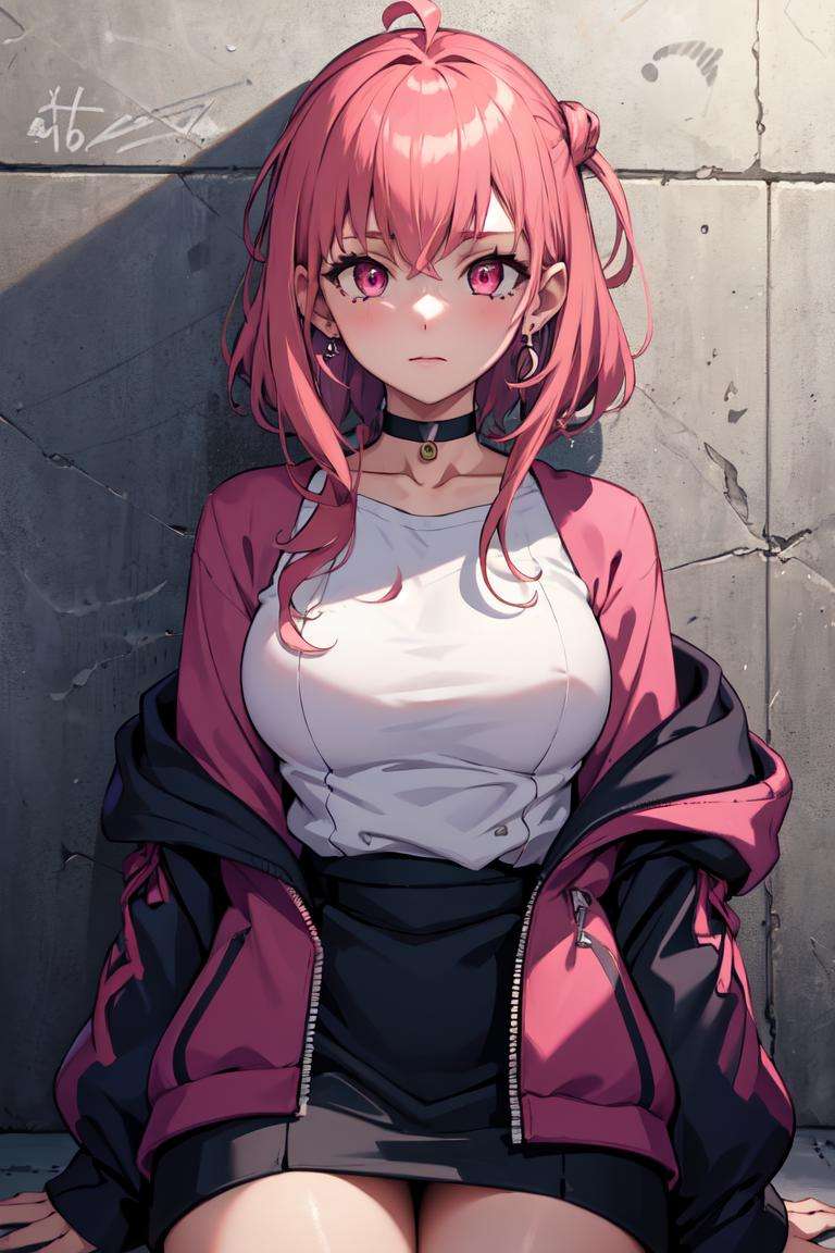 masterpiece, best quality, absurdres, perfect anatomy, 1girl, solo, SasakiSaku, earrings, sharp eyes, choker, neon shirt, open jacket, turtleneck sweater, night, against wall, brick wall, graffiti, dim lighting, alley, looking at viewer, <lora:SasakiSaku:0.8>