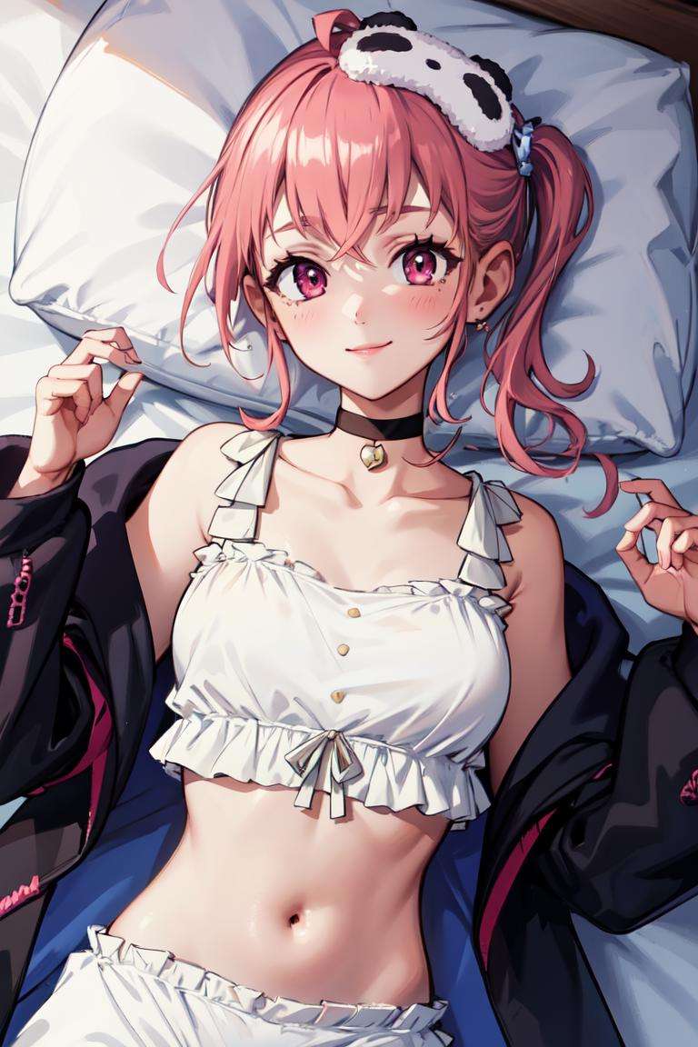 masterpiece, best quality, absurdres, perfect anatomy, 1girl, solo, SasakiSleep, side ponytail, white camisole, bloomers, sleep mask, black choker, black jacket, off shoulder, midriff, lying, on back, on bed, smile, <lora:SasakiSaku:1.0>