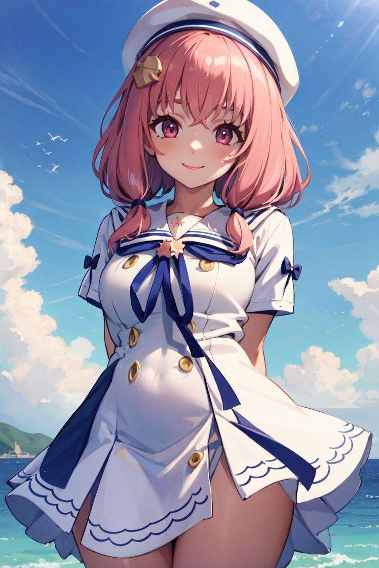 masterpiece, best quality, absurdres, perfect anatomy, 1girl, solo, SasakiSailorDress, white sailor dress, blue ribbon, shell hair ornament, star hair ornament, beret, outdoors, harbor scene, smile, arms behind back, <lora:SasakiSaku:0.9>