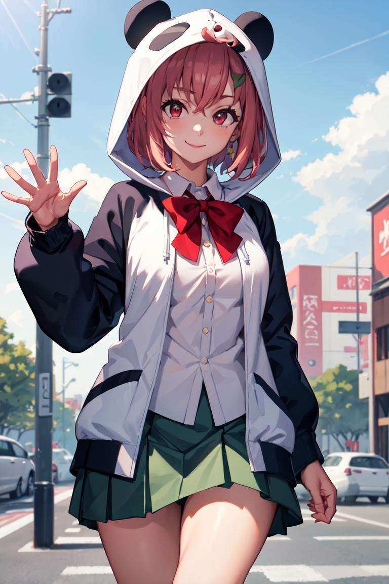 masterpiece, best quality, absurdres, perfect anatomy, 1girl, solo, SasakiSaku, short hair, hairclip, collared shirt, pleated skirt, green skirt, red bow, hooded jacket, animal hood, panda ears, smile, outdoors, waving at viewer, <lora:SasakiSaku:1>