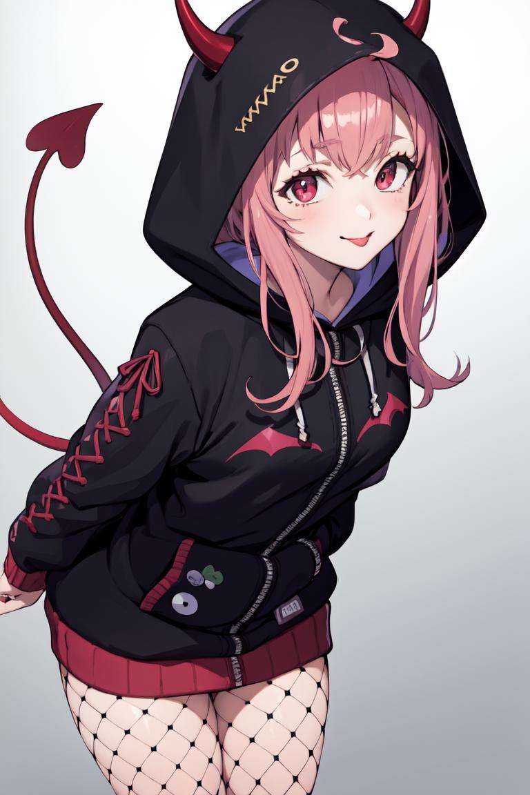 masterpiece, best quality, absurdres, perfect anatomy, 1girl, solo, SasakiDemon, black hoodie, demon tail, fishnets, demon horns, hood, hood up, leaning forward, smile, cocky, tongue out, <lora:SasakiSaku:0.8>