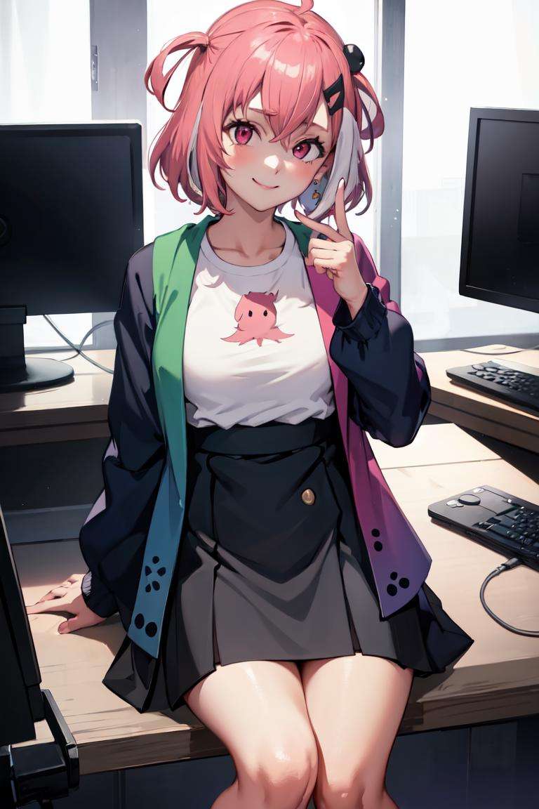 masterpiece, best quality, absurdres, perfect anatomy, 1girl, solo, SasakiCasual, two-tone jacket, white shirt, earrings, black skirt, indoors, sitting, smile, computer, gaming room, <lora:SasakiSaku:0.9>