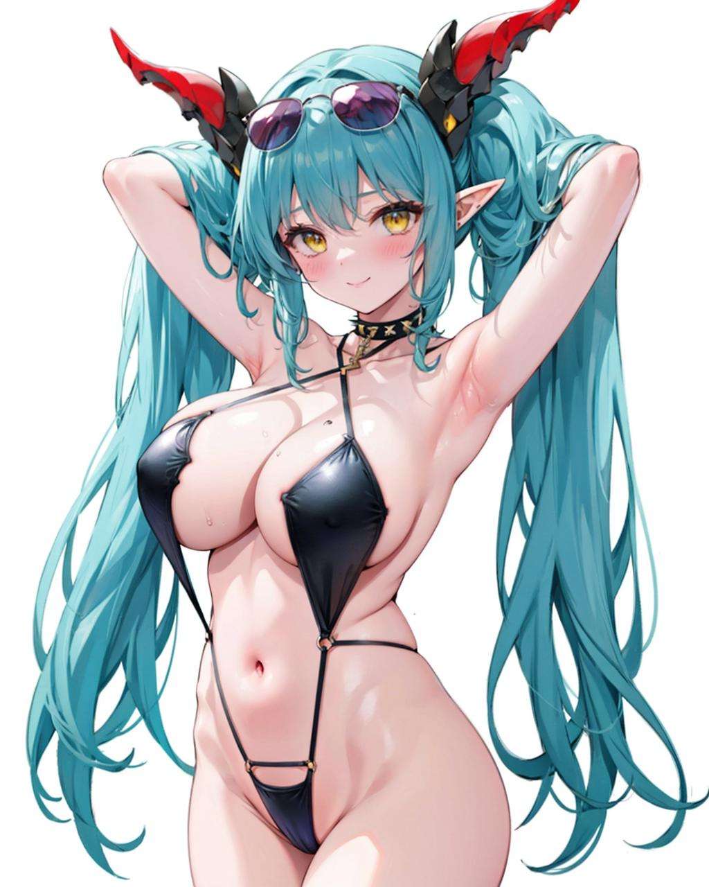 <lora:RegensburgSlingshotSwimsuitV1:1>,slingshot swimsuit, criss-cross halter,1girl, breasts, eyewear on head, solo, blue hair, yellow eyes, huge breasts, mechanical horns, dragon horns, sunglasses, white background, looking at viewer, simple background, ass visible through thighs, twintails, very long hair, arms up, smile, blush, arms behind head, armpits, spiked choker, bangs, cowboy shot, black choker, thighs, cleavage,elf,