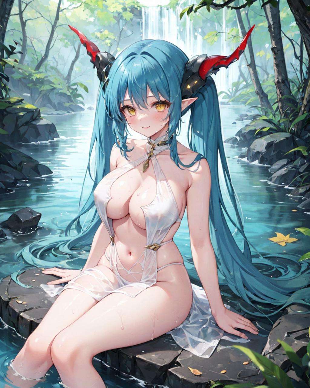 1girl,solo,<lora:RegensburgSlingshotSwimsuitV1:0.85>,blue hair, mechanical horns, dragon horns, yellow eyes, very long hair, twintails,huge breasts, (white dress),see-through dress, sleeveless, navel, light smile, elf,white flower, wet, water, nature, falling leaves, lake, forest, waterfall, river,partially submerged,sitting, rock,