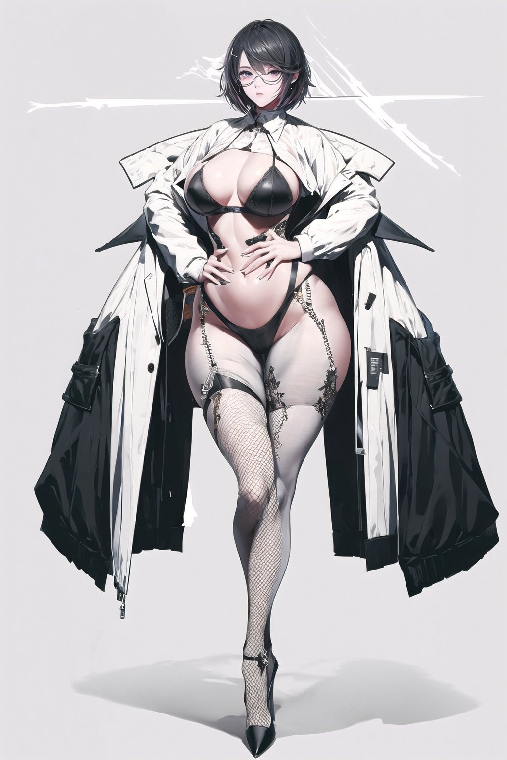 White color tone and background. masterpiece,best quality,1girl,high heels, looking at viewer, ,standing,looking at viewer, thick thighs, wide hips, Chinese art,white oiled fishnet pantyhose,Update,big_breasts and shirt jacket,Real,Lighting,Detail,细节,优化, <lora:EMS-13720-EMS:0.8>, <lora:EMS-14488-EMS:0.6>, <lora:EMS-14413-EMS:0.8>, <lora:EMS-20686-EMS:0.8>